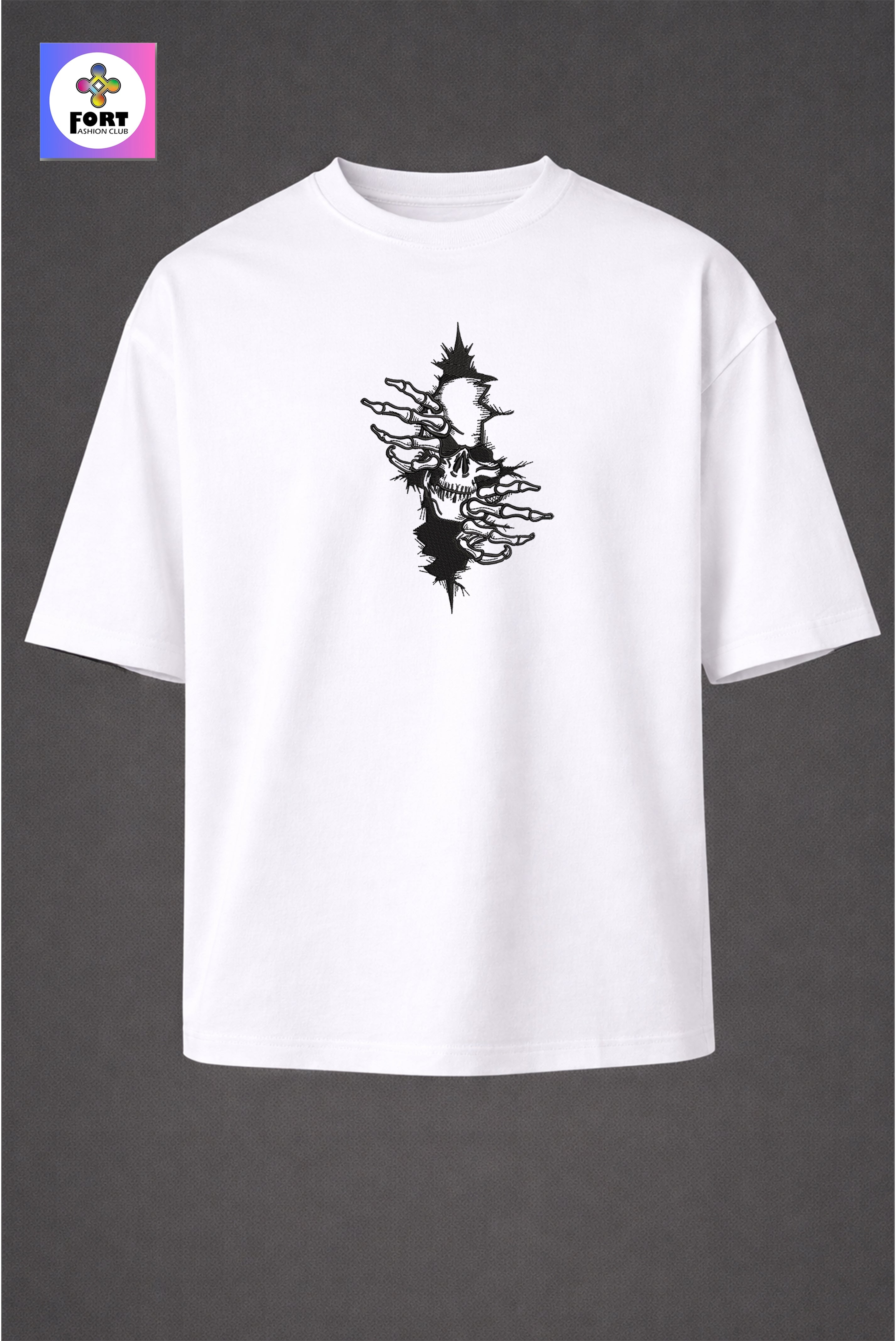 CRAZY EMBROIDERY UNISEX OVERSIZED T-SHIRT (DROP SHOULDER) – ARTY SKULL FORT FASHION CLUB