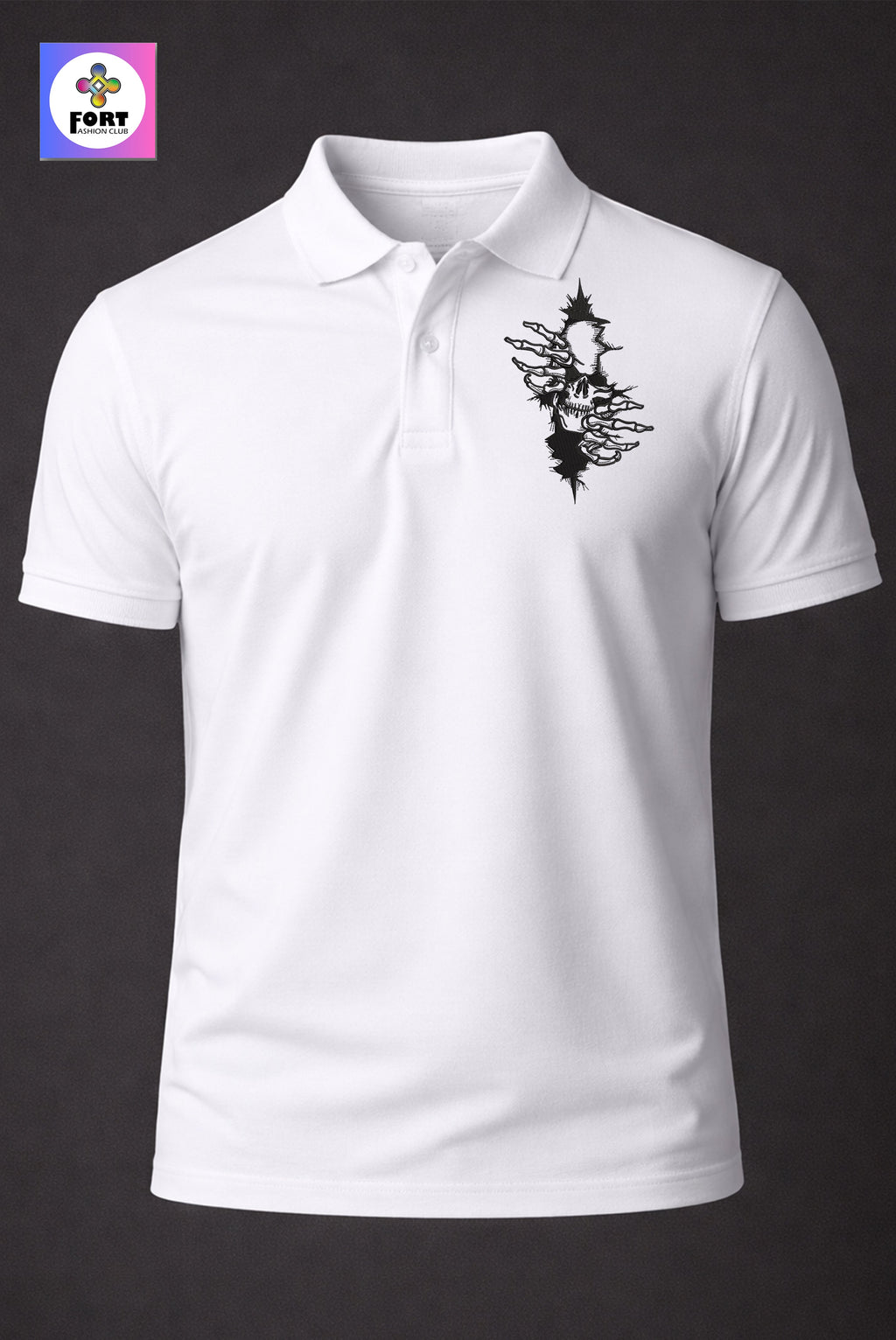 CRAZY EMBROIDERY UNISEX (COLLAR) T-SHIRT - ARTY SKULL FORT FASHION CLUB