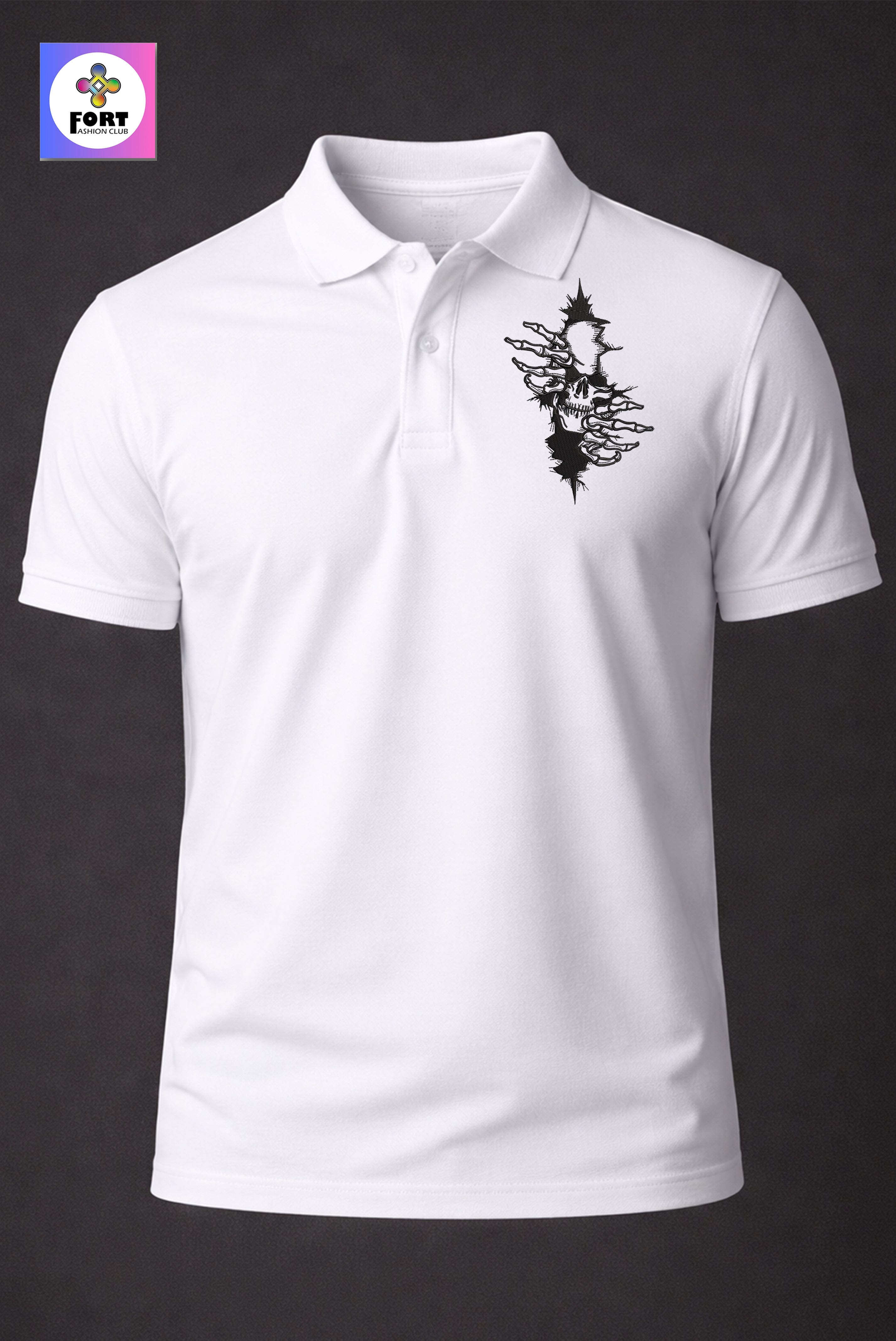 CRAZY EMBROIDERY UNISEX (COLLAR) T-SHIRT - ARTY SKULL FORT FASHION CLUB