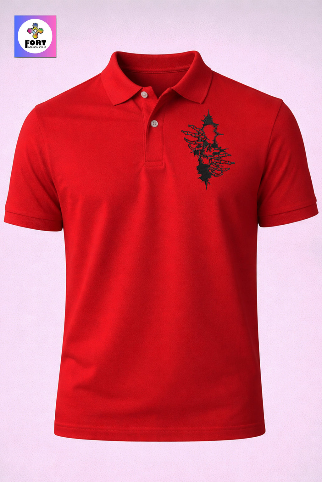 CRAZY EMBROIDERY UNISEX (COLLAR) T-SHIRT - ARTY SKULL FORT FASHION CLUB