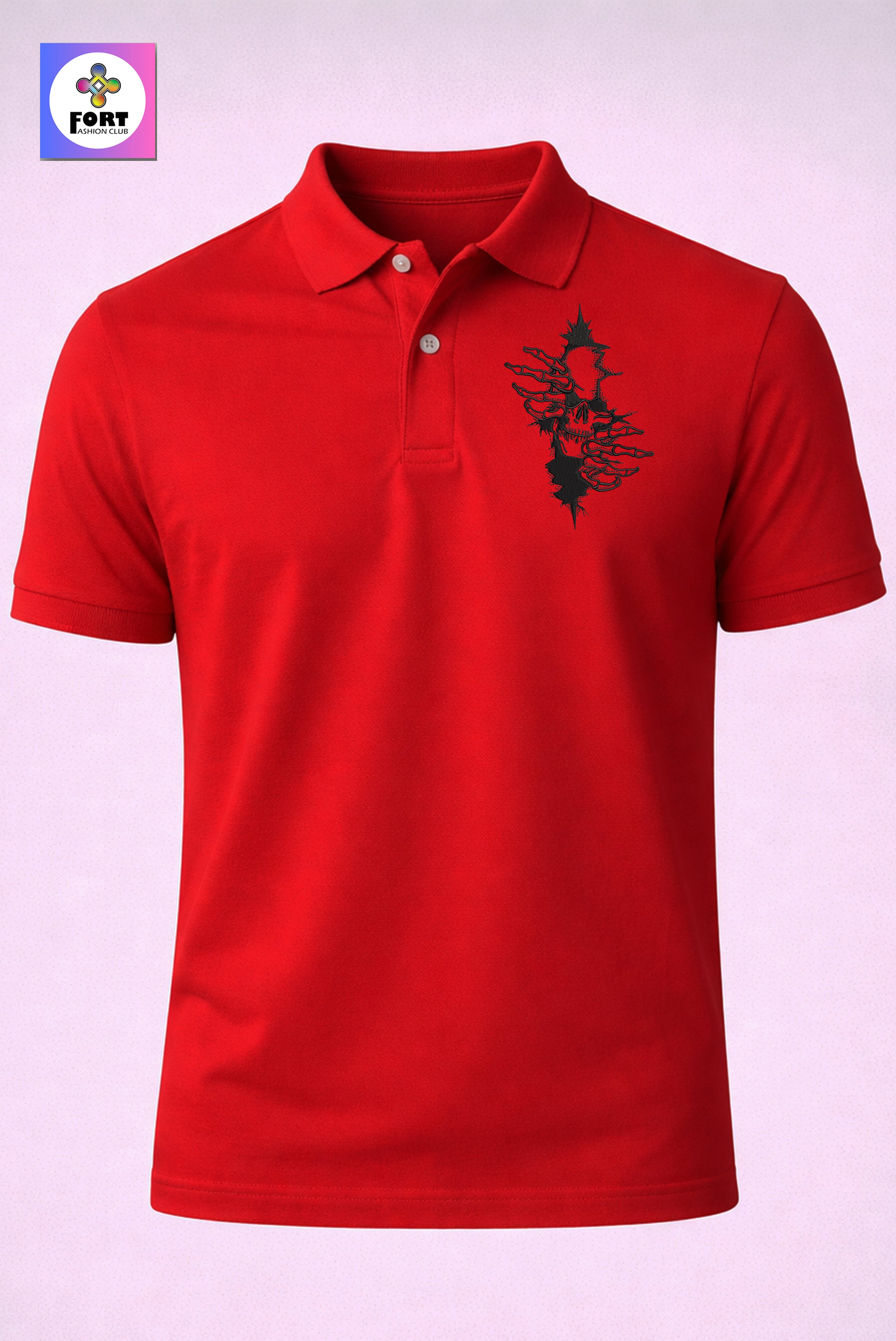 CRAZY EMBROIDERY UNISEX (COLLAR) T-SHIRT - ARTY SKULL FORT FASHION CLUB