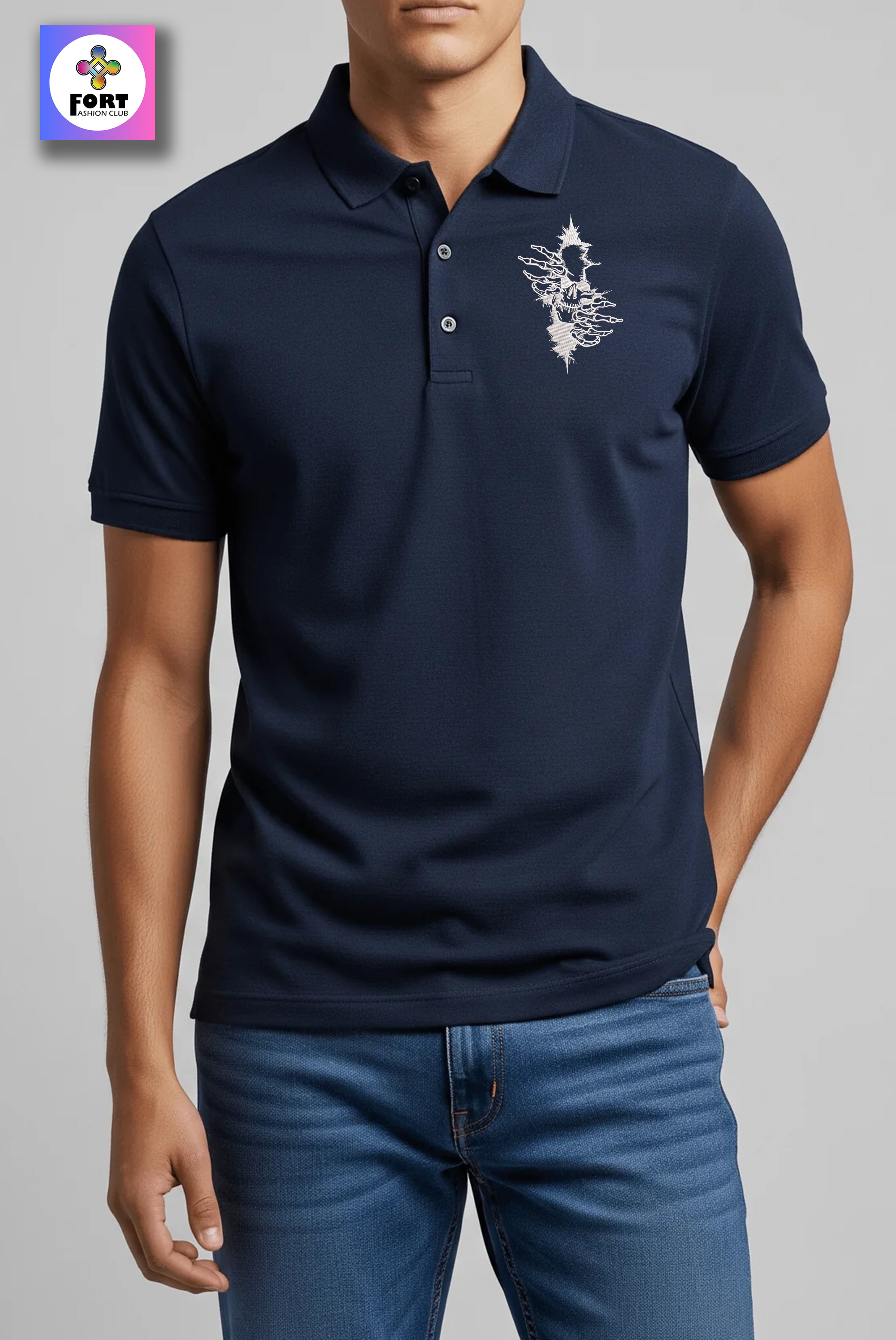 CRAZY EMBROIDERY UNISEX (COLLAR) T-SHIRT - ARTY SKULL