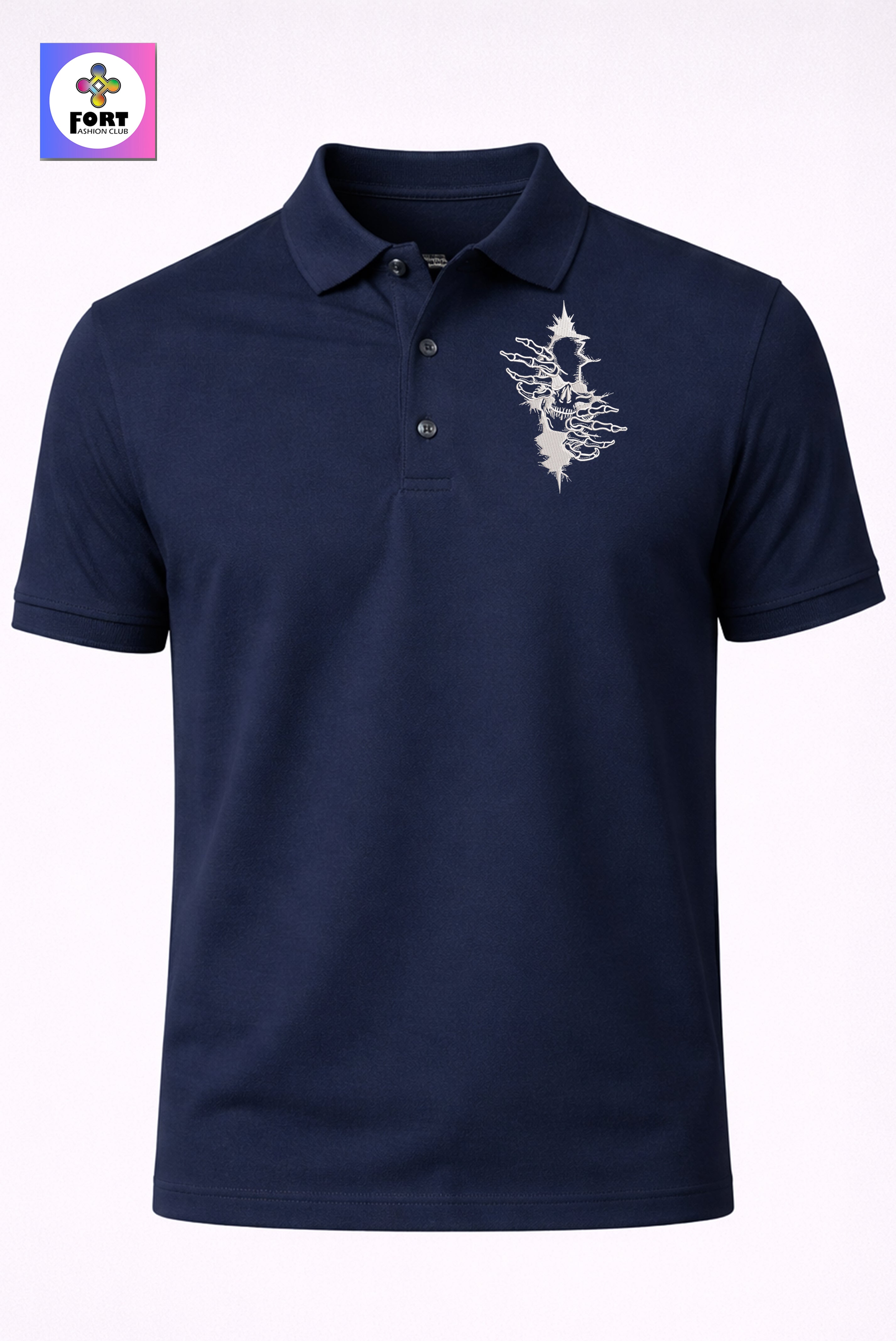 CRAZY EMBROIDERY UNISEX (COLLAR) T-SHIRT - ARTY SKULL FORT FASHION CLUB