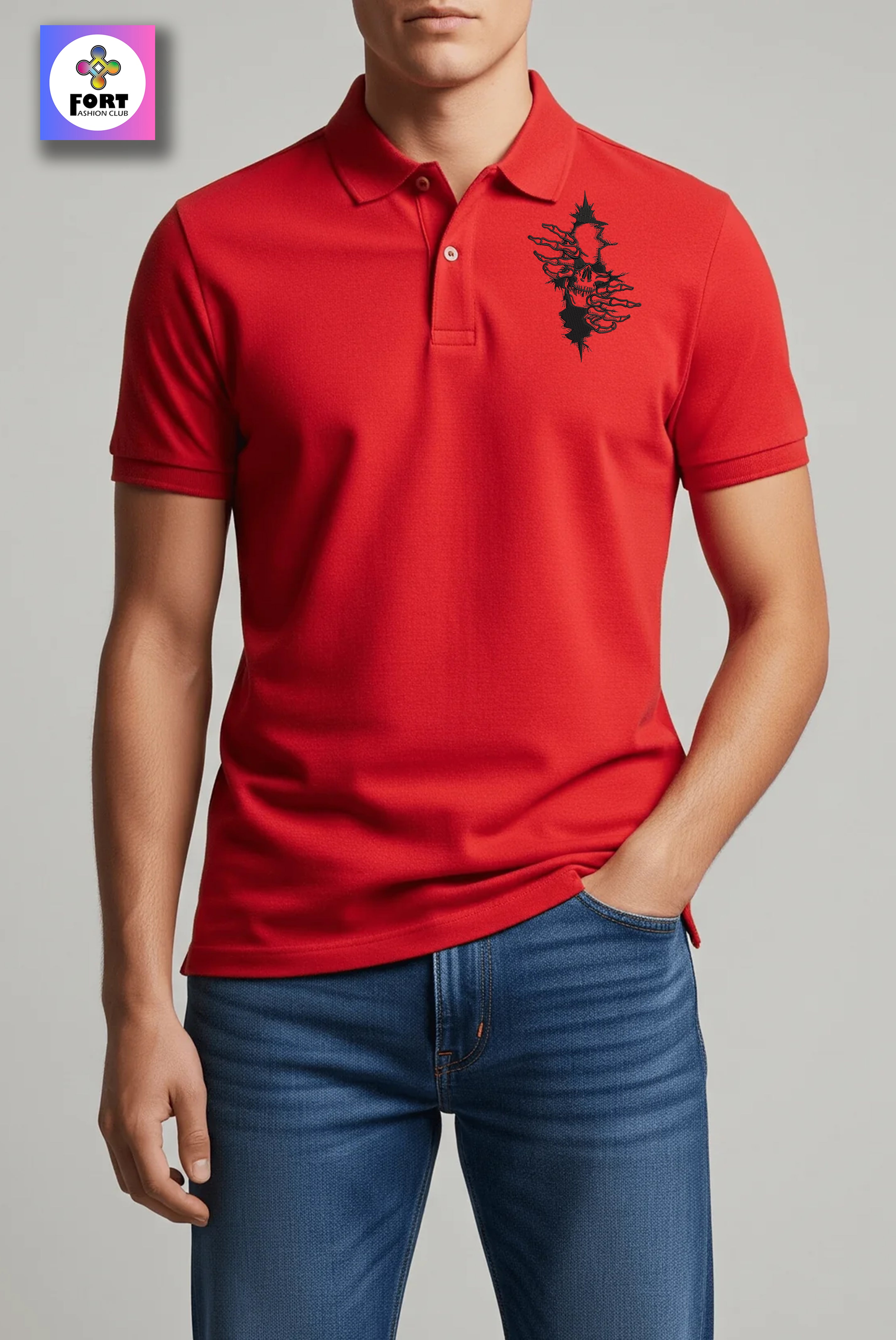 CRAZY EMBROIDERY UNISEX (COLLAR) T-SHIRT - ARTY SKULL