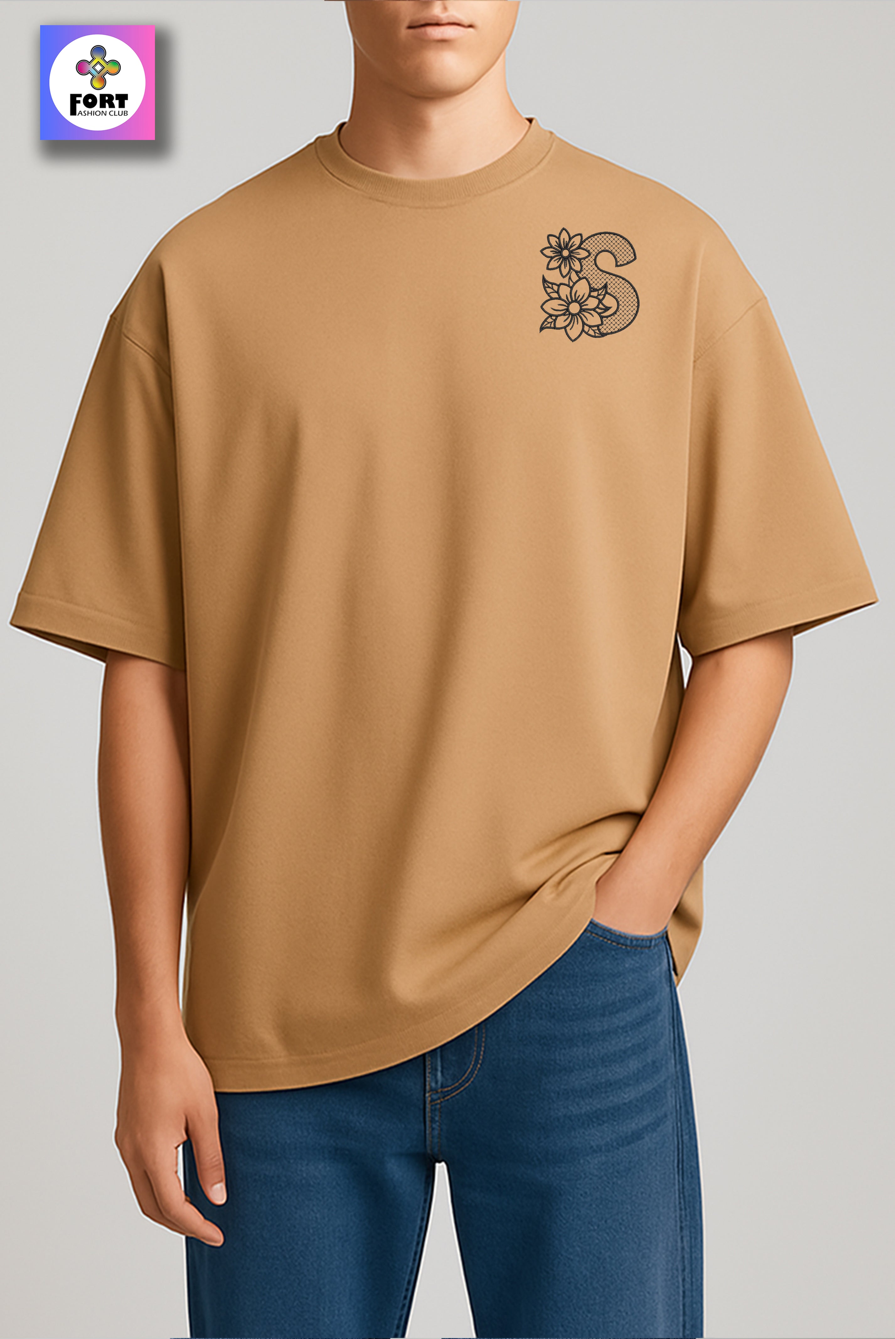 PREMIUM  ALPHABET EMBROIDERY UNISEX (DROP SHOULDER) T-SHIRT