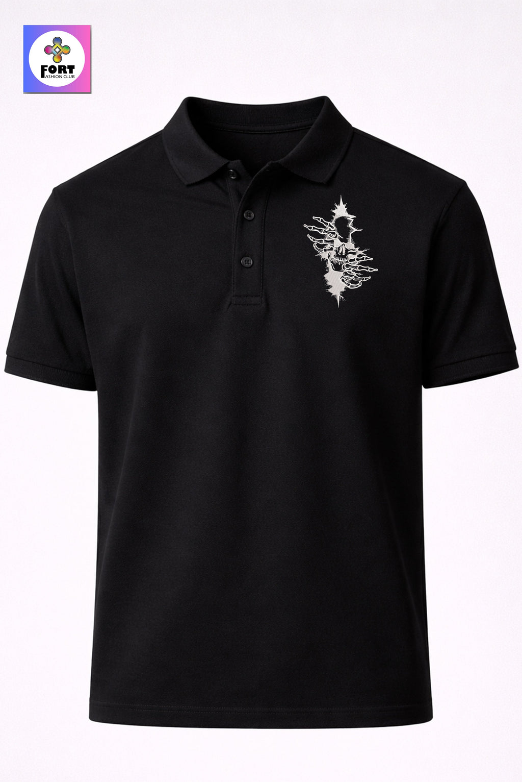 CRAZY EMBROIDERY UNISEX (COLLAR) T-SHIRT - ARTY SKULL FORT FASHION CLUB