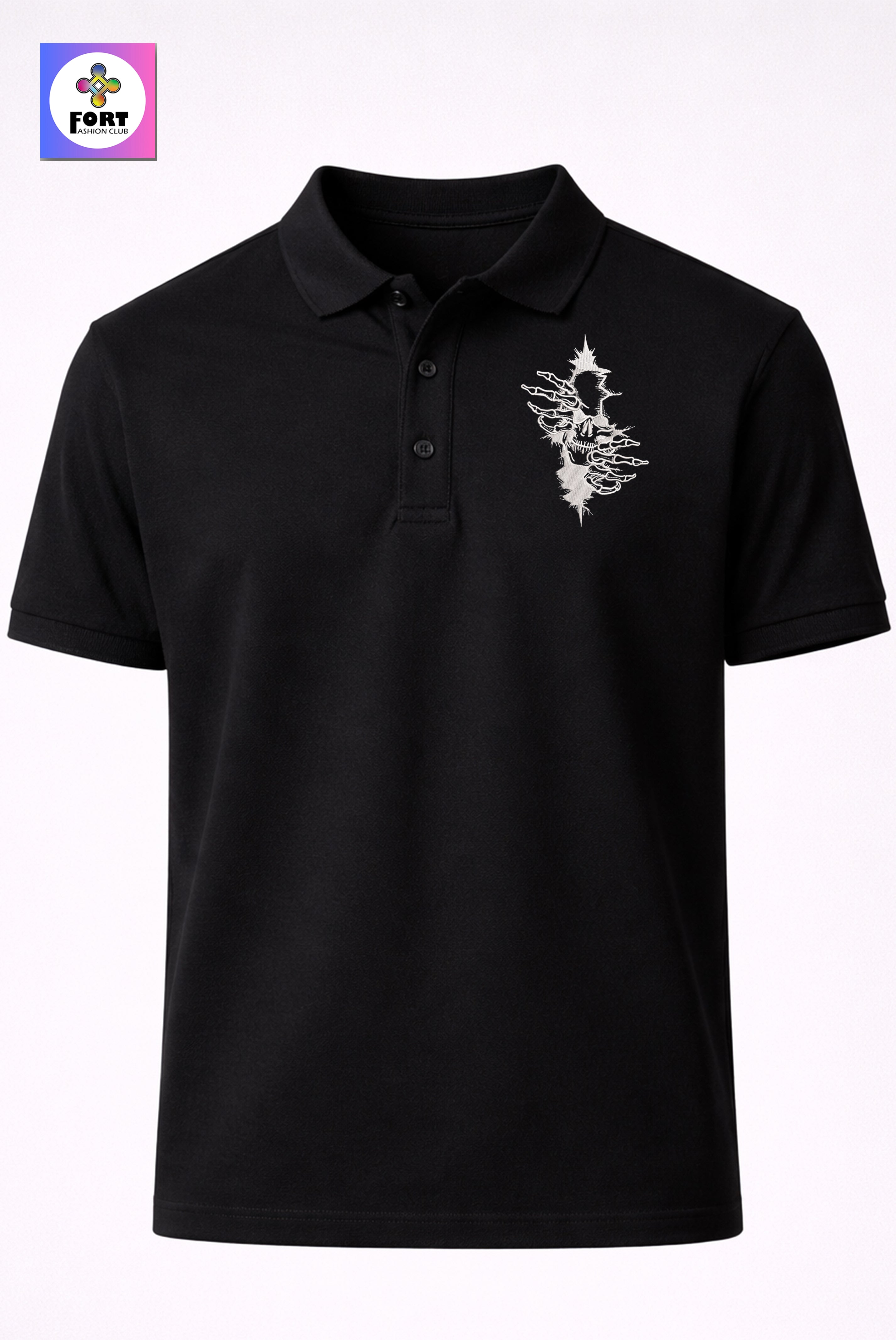 CRAZY EMBROIDERY UNISEX (COLLAR) T-SHIRT - ARTY SKULL FORT FASHION CLUB