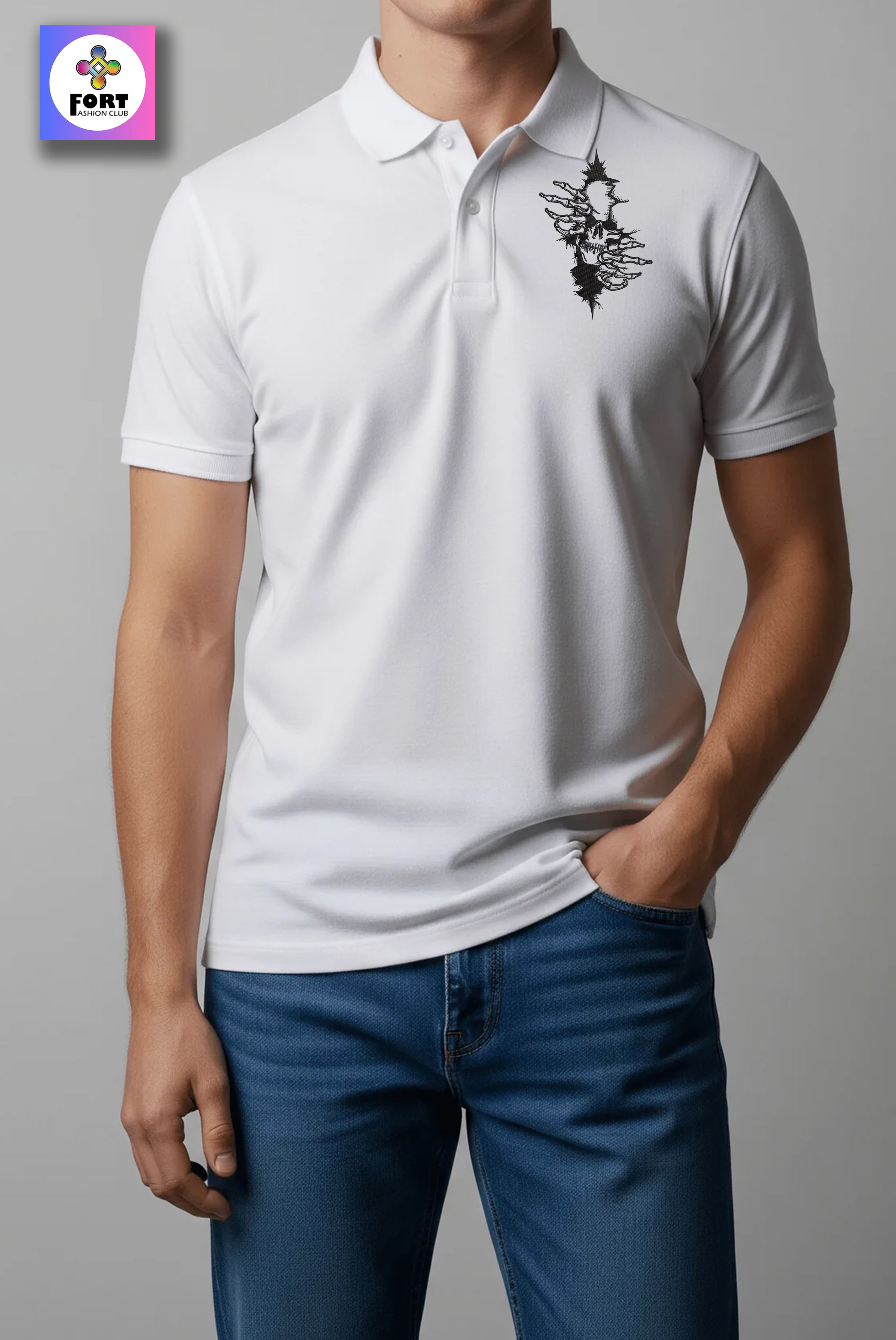 CRAZY EMBROIDERY UNISEX (COLLAR) T-SHIRT - ARTY SKULL