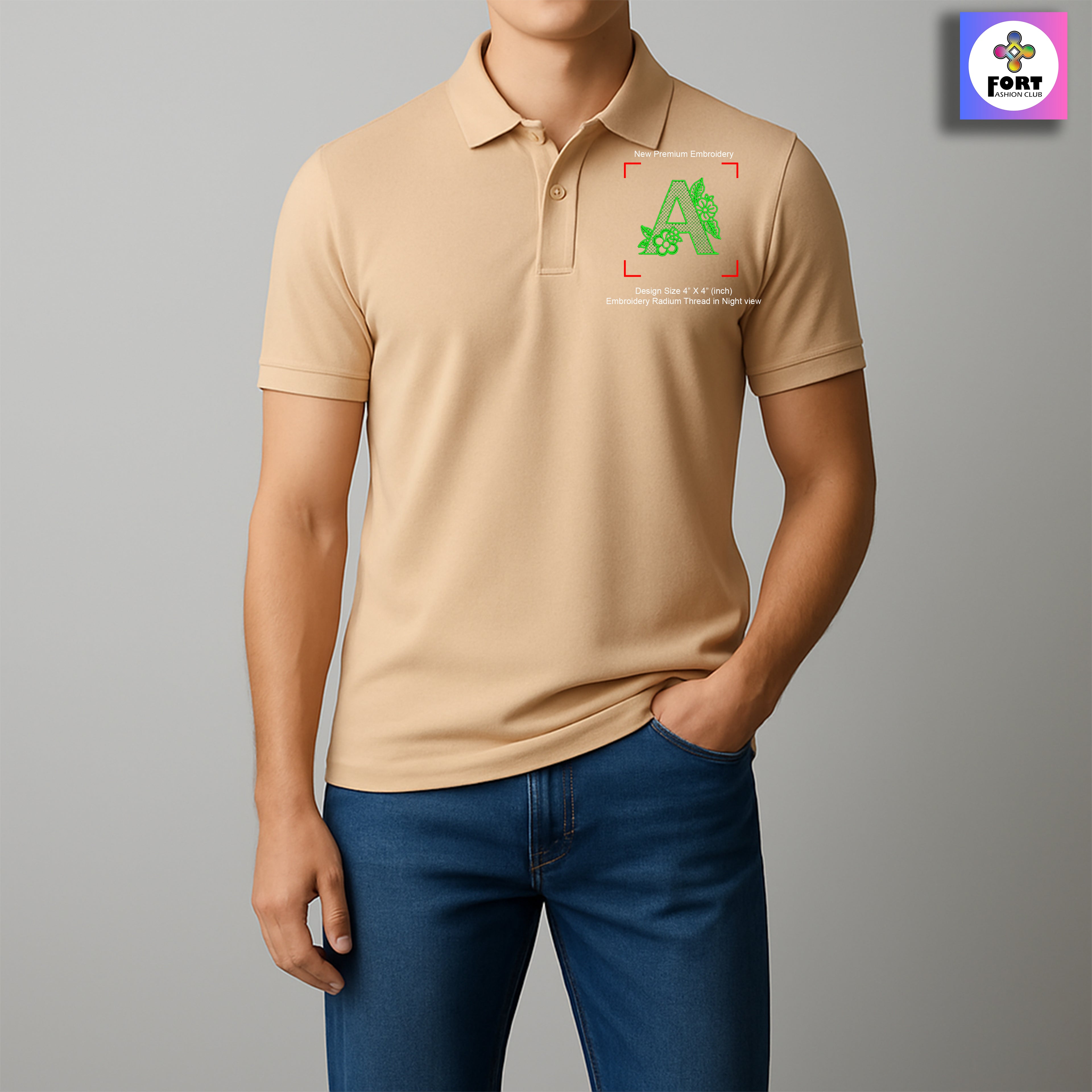 RADIUM THREAD PREMIUM  ALPHABET EMBROIDERY - ( COLLAR ) T-SHIRT