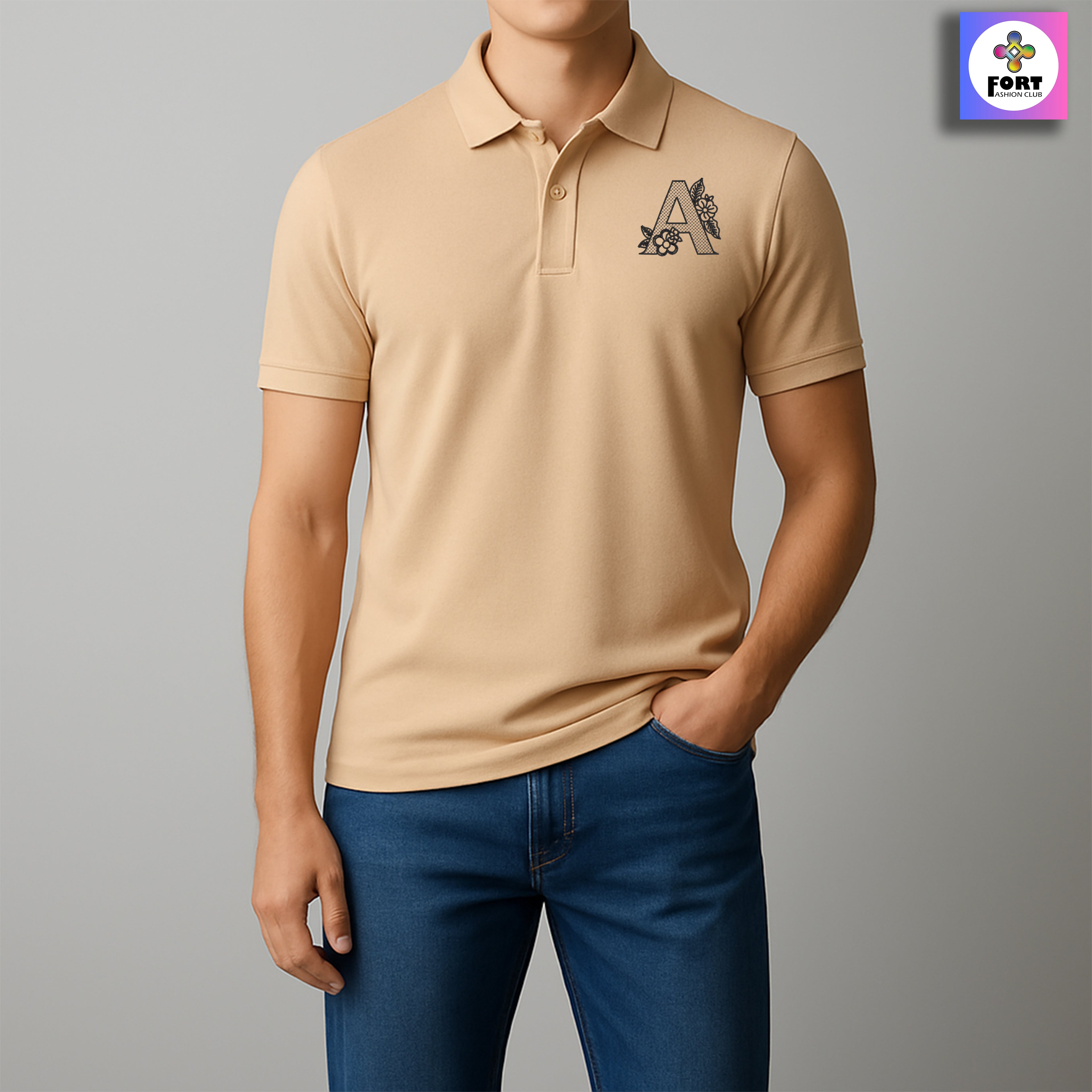 RADIUM THREAD PREMIUM  ALPHABET EMBROIDERY - ( COLLAR ) T-SHIRT