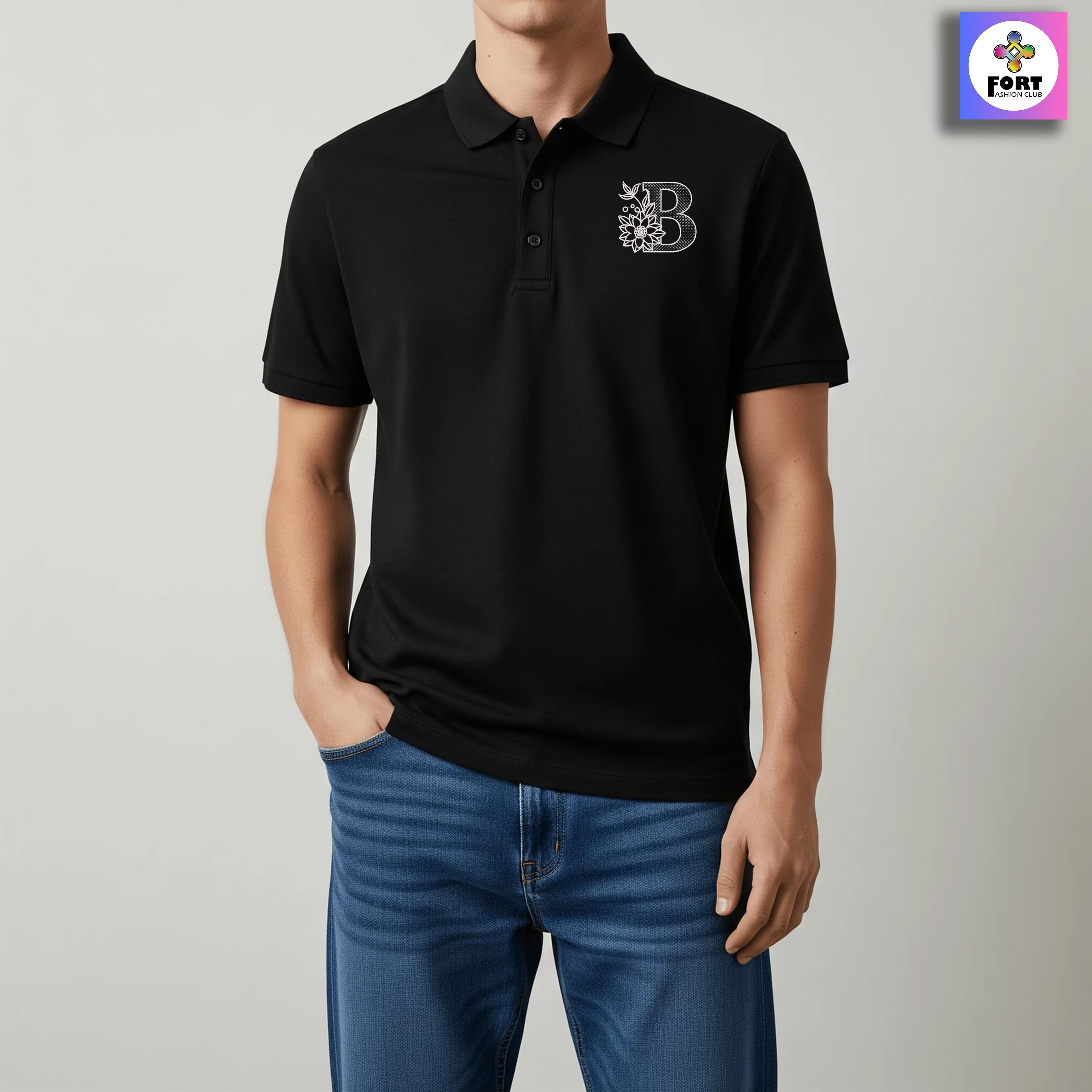 RADIUM THREAD PREMIUM  ALPHABET EMBROIDERY - ( COLLAR ) T-SHIRT