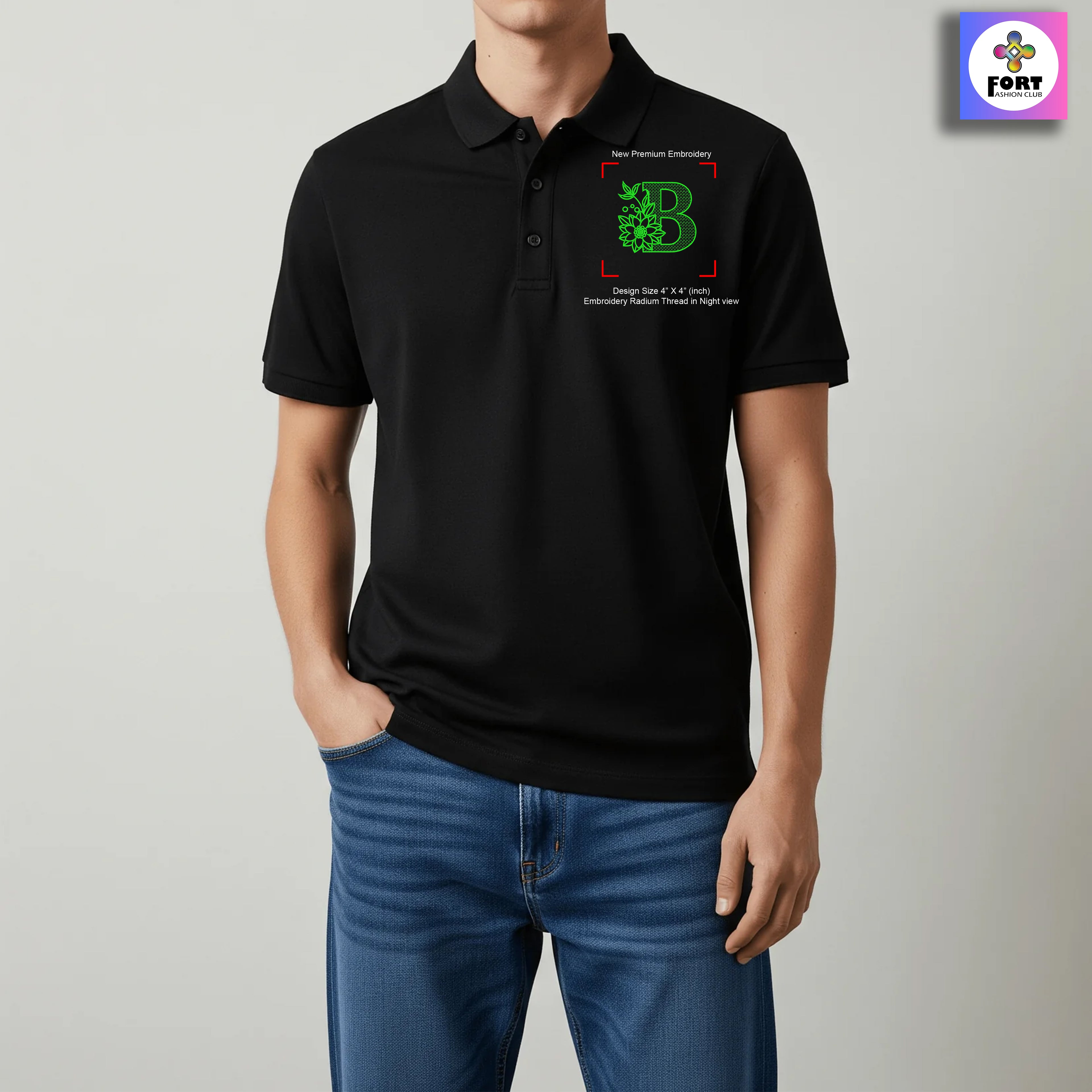 RADIUM THREAD PREMIUM  ALPHABET EMBROIDERY - ( COLLAR ) T-SHIRT
