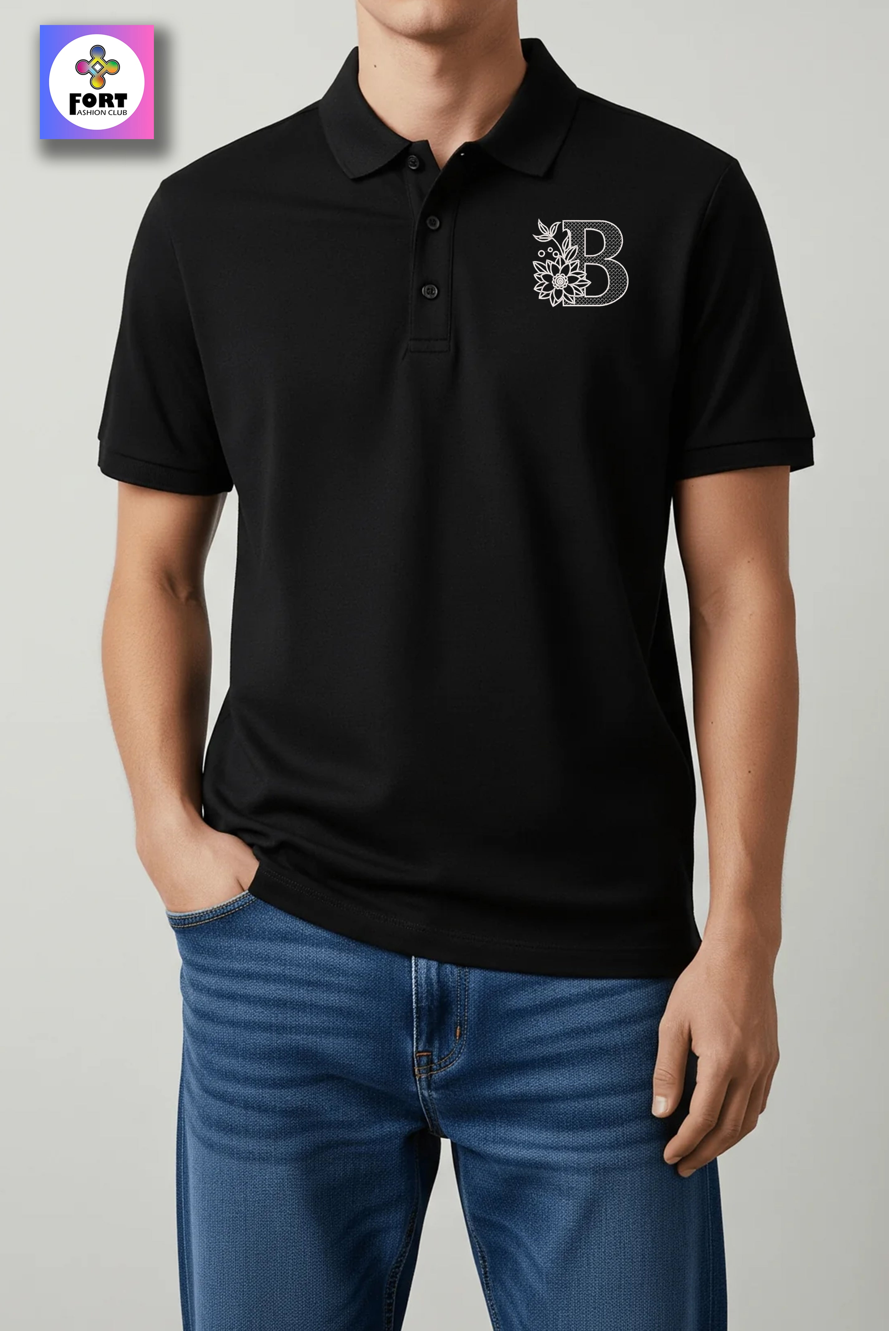 PREMIUM  ALPHABET EMBROIDERY UNISEX- (COLLAR) T-SHIRT