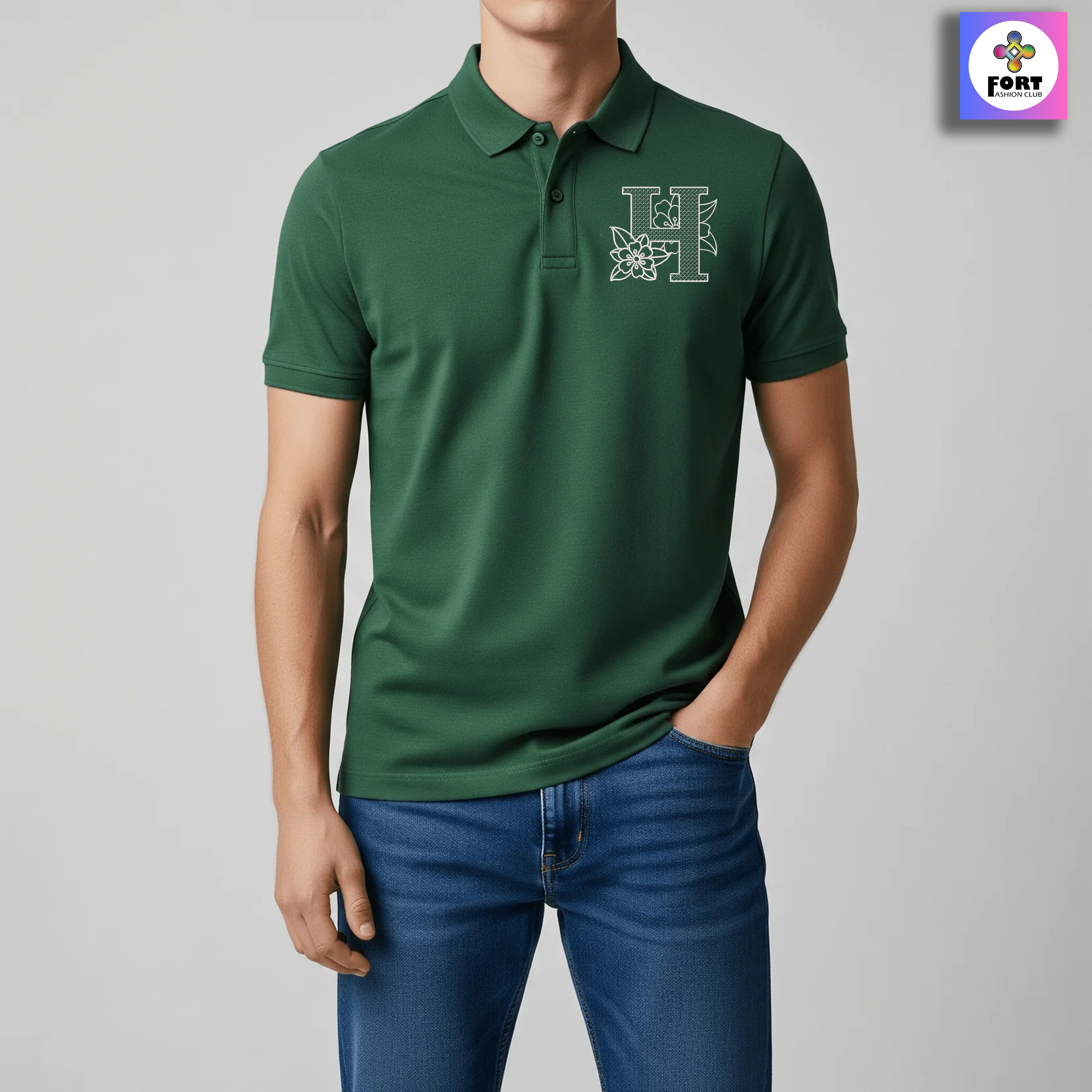 RADIUM THREAD PREMIUM  ALPHABET EMBROIDERY - ( COLLAR ) T-SHIRT
