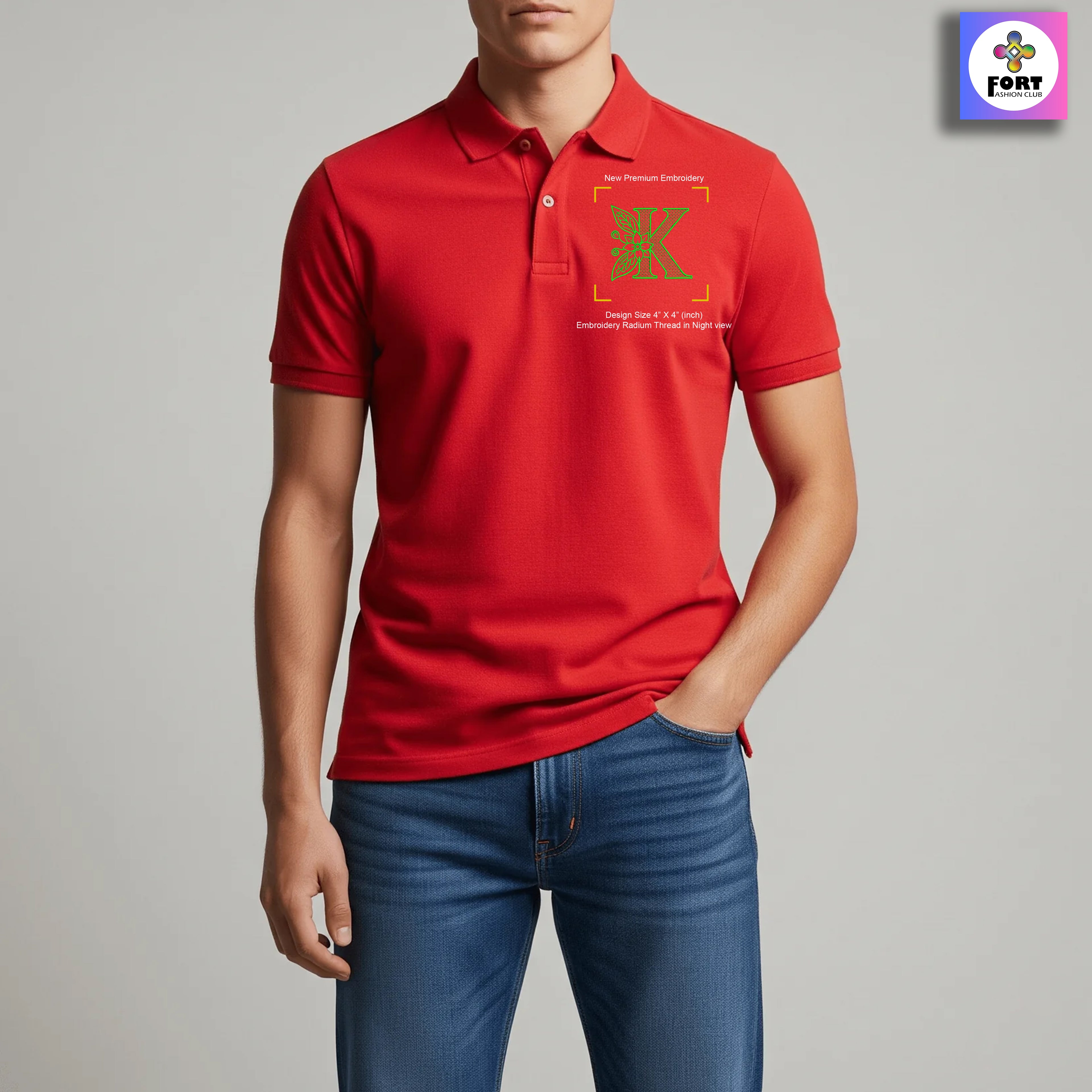 RADIUM THREAD PREMIUM  ALPHABET EMBROIDERY - ( COLLAR ) T-SHIRT