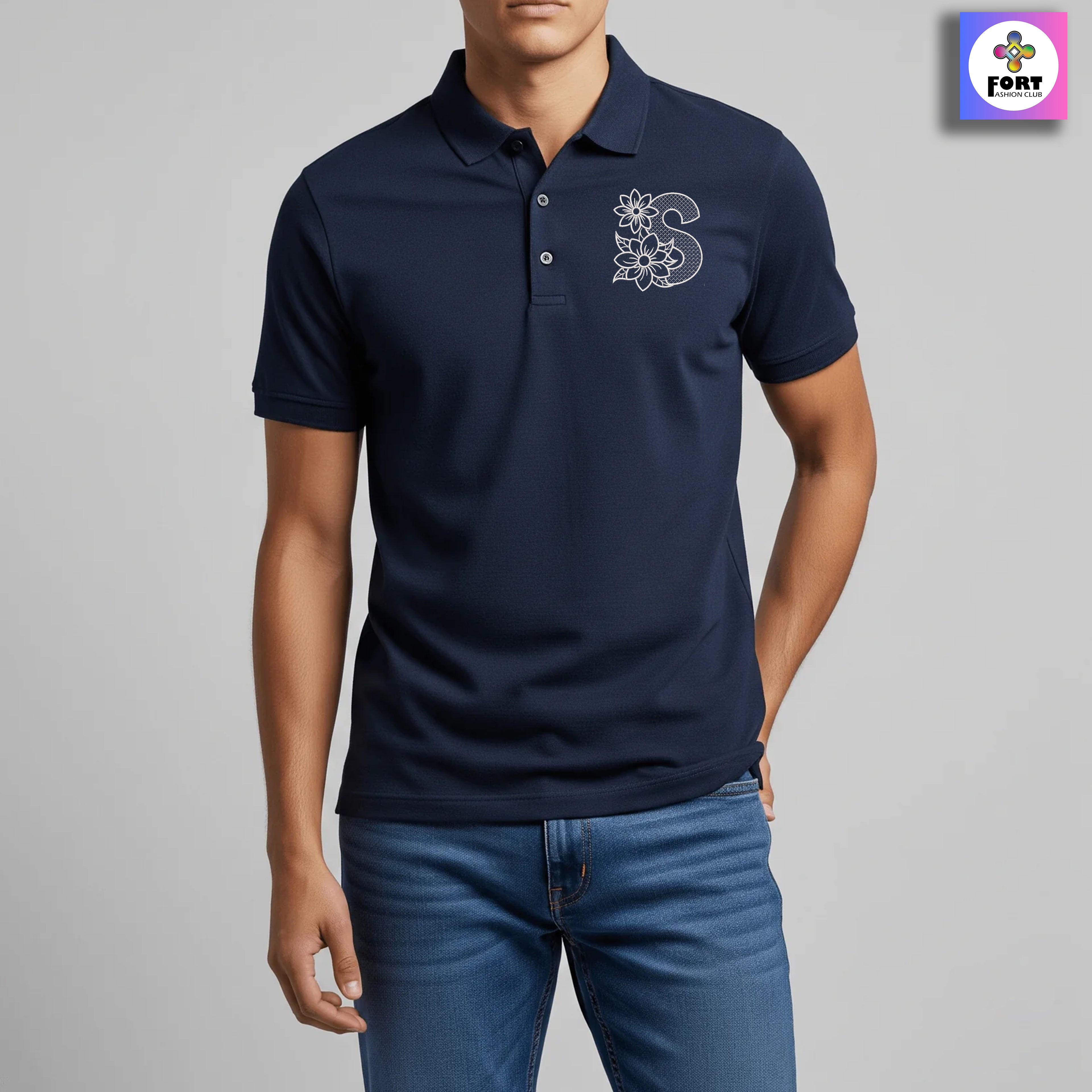 RADIUM THREAD PREMIUM  ALPHABET EMBROIDERY - ( COLLAR ) T-SHIRT