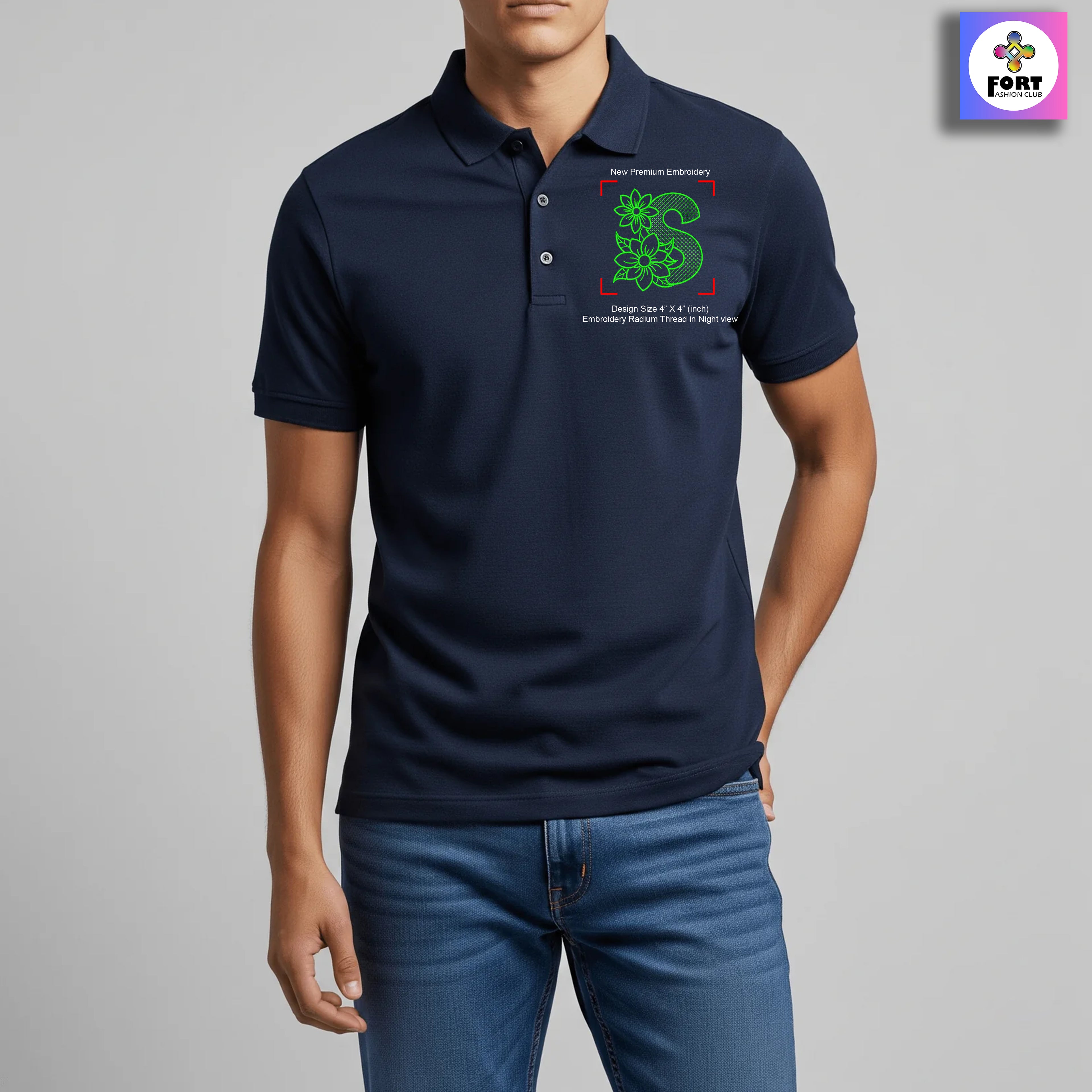 RADIUM THREAD PREMIUM  ALPHABET EMBROIDERY - ( COLLAR ) T-SHIRT
