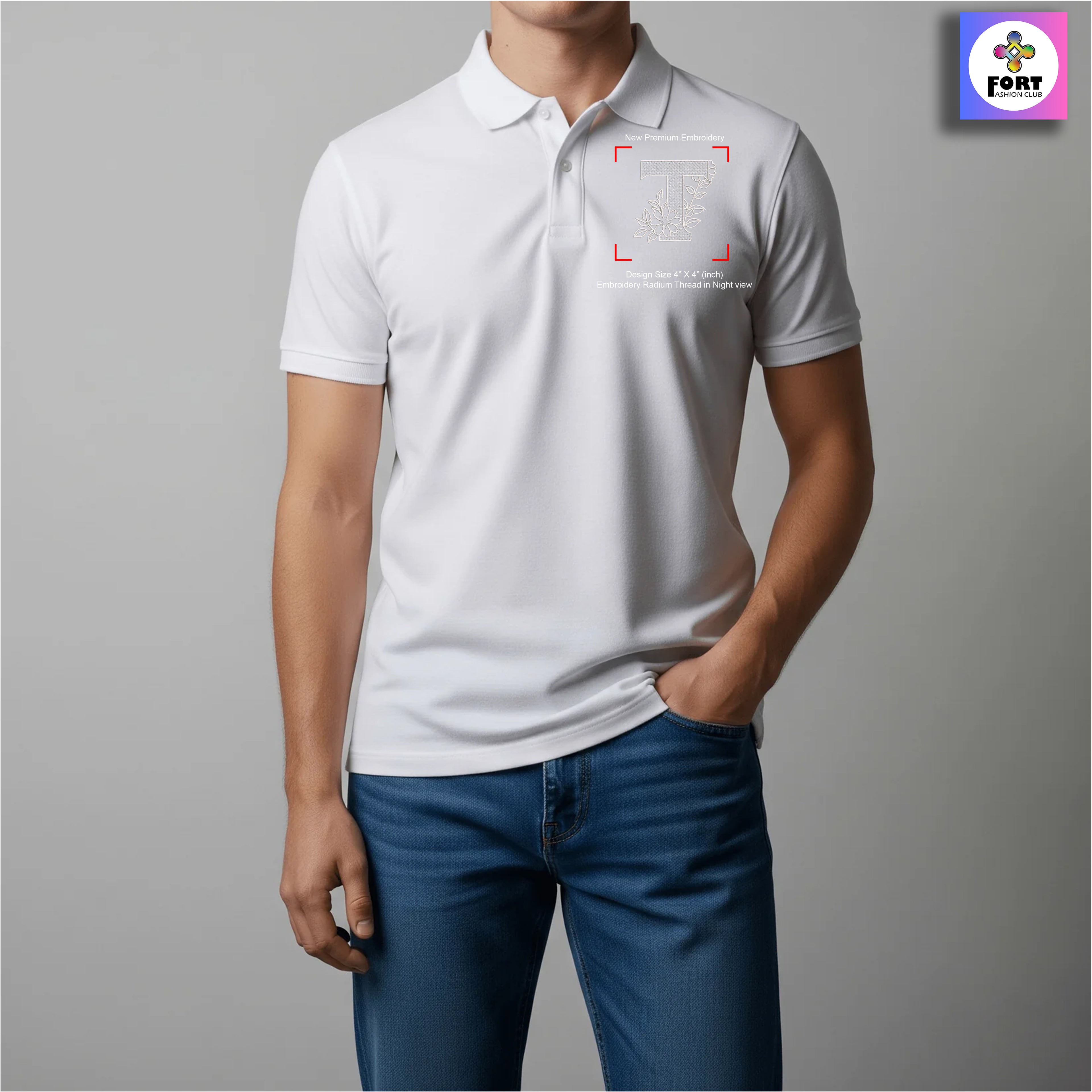 RADIUM THREAD PREMIUM  ALPHABET EMBROIDERY - ( COLLAR ) T-SHIRT
