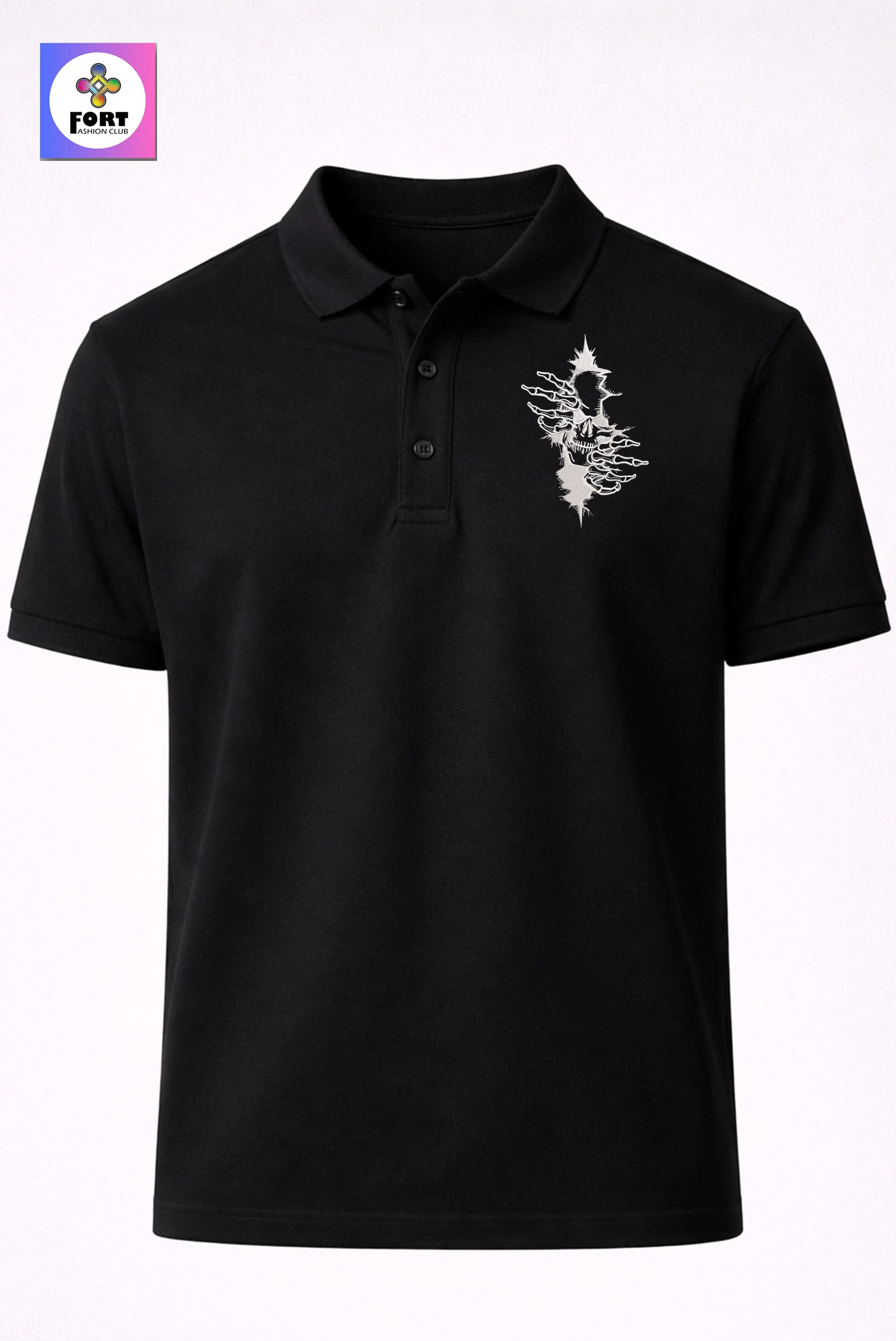 CRAZY EMBROIDERY UNISEX (COLLAR) T-SHIRT - ARTY SKULL 