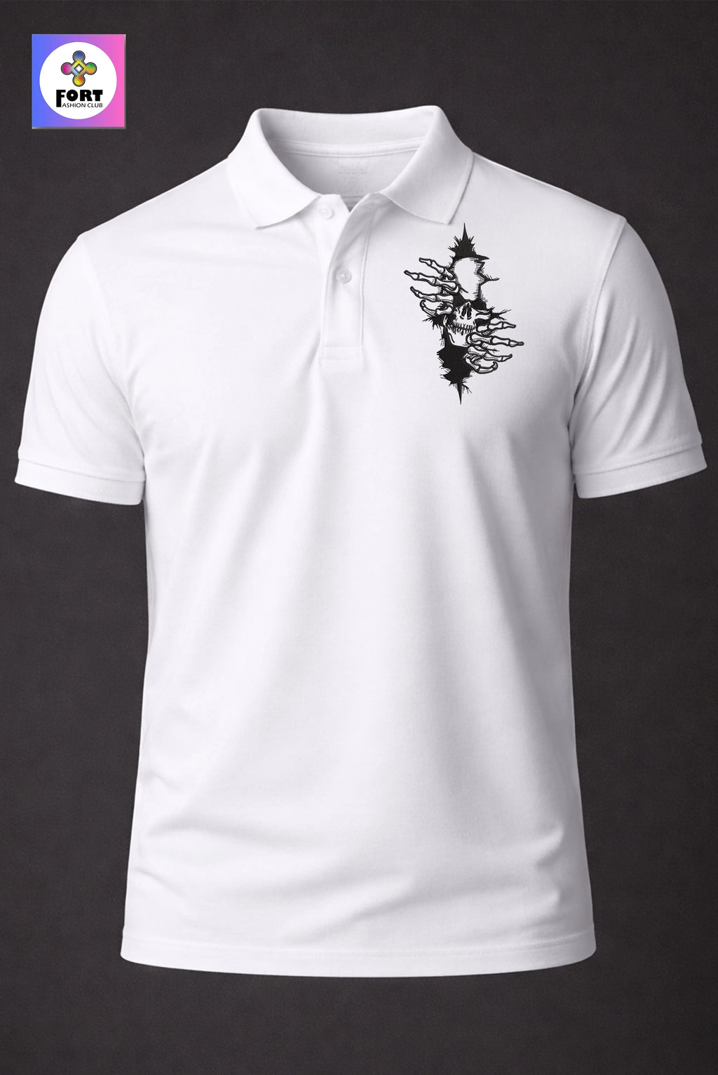 CRAZY EMBROIDERY UNISEX (COLLAR) T-SHIRT - ARTY SKULL 
